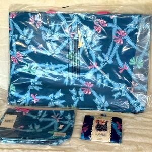 Simply Southern Blue & Pink Bow Tote, Pouch and Shopping Bag Bundle.